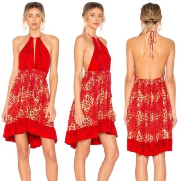 FREE PEOPLE BEACH DAY MINI DRESS WITH HALTER NECKLINE IN RED SIZE SMALL - Picture 2 of 16